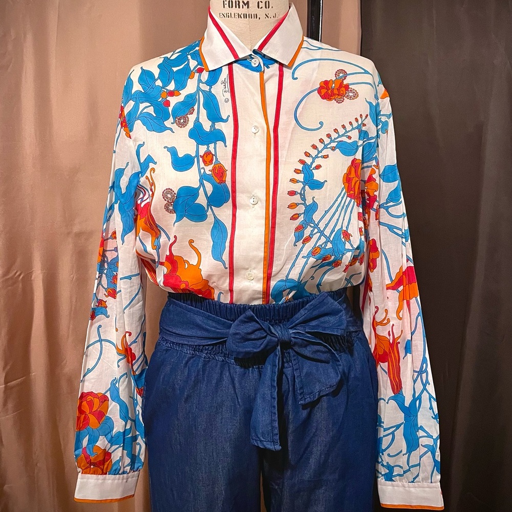 NWOT Emilio Pucci Vintage Cotton Button Down Shirt, Size 14 (Modern Day 10)